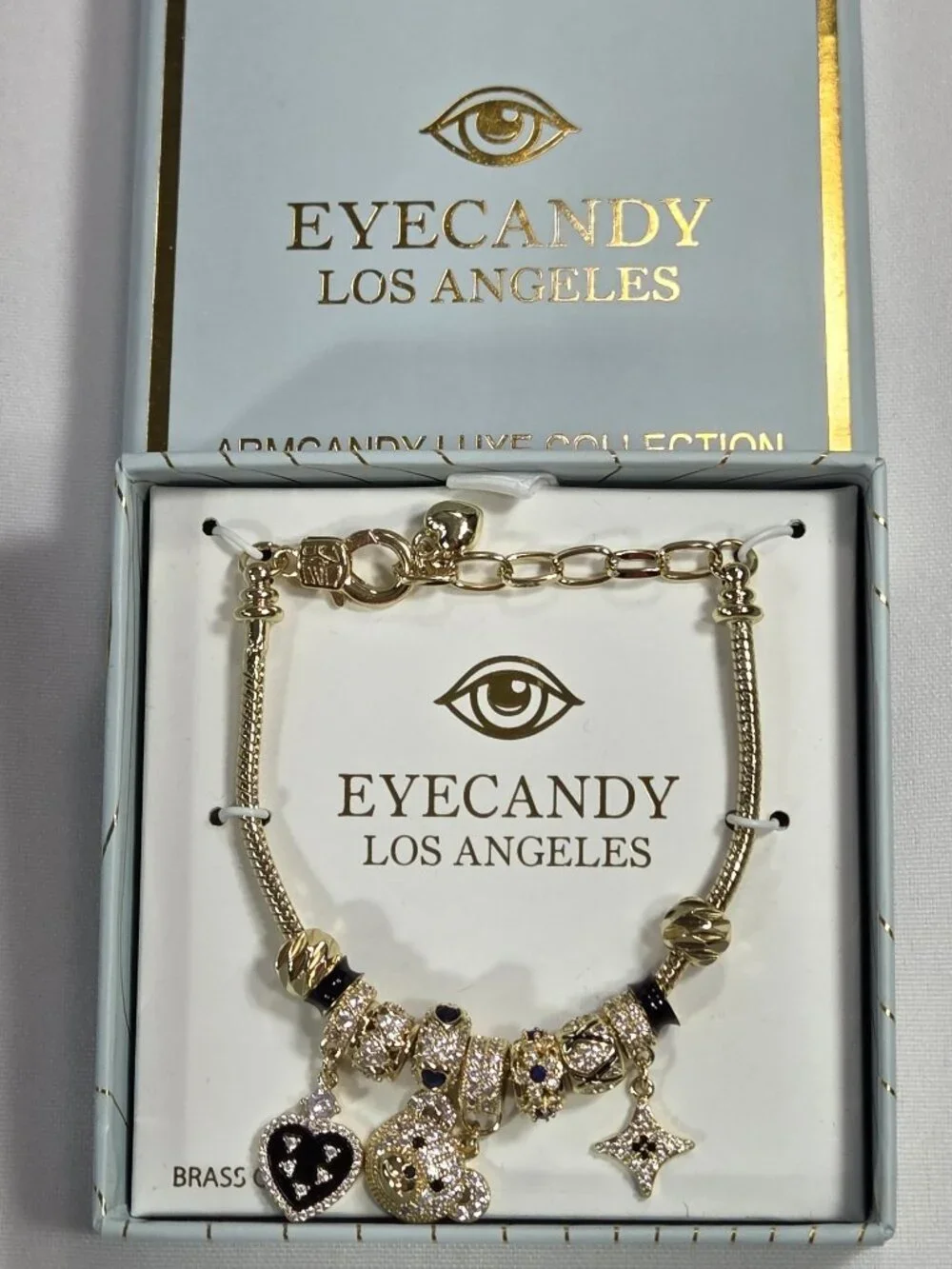 NWT Eye Candy Los Angeles Gold Charm Bracelet CZ Heart Teddy Bear Arm Luxe NEW